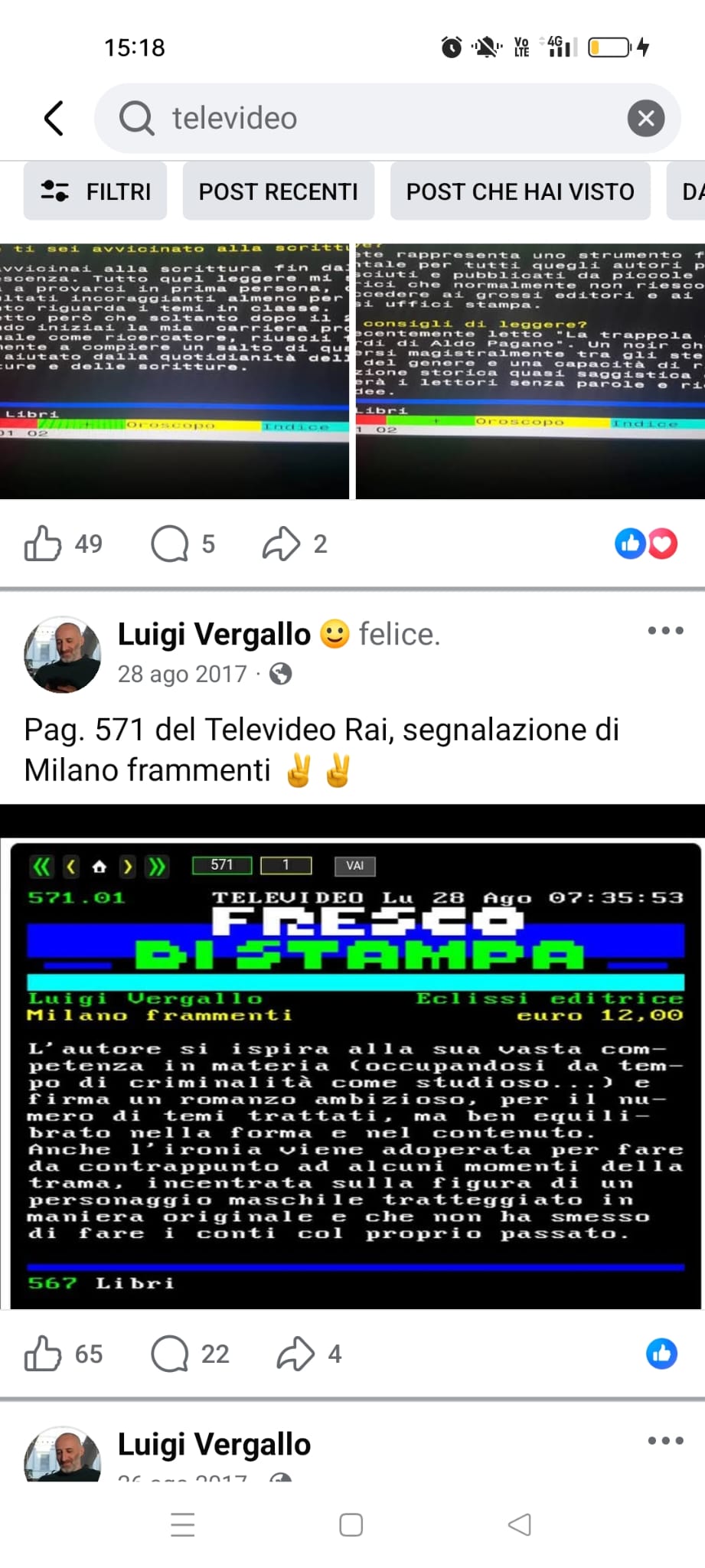 RAI Televideo, Fresco di stampa: recensione di Milano frammenti di Luigi Vergallo, Eclissi editrice.